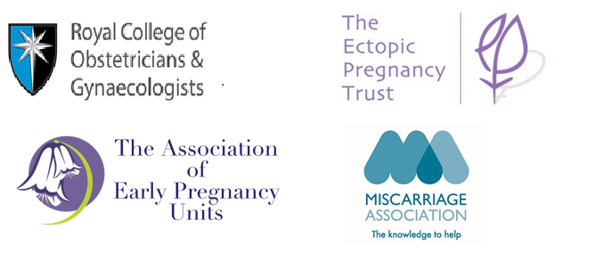 Logos of the Ectopic Pregnancy Trust, the Royal College of Obstetricians and Gynaecologists, the Association of Early Pregnancy Units and the Miscarriage Association