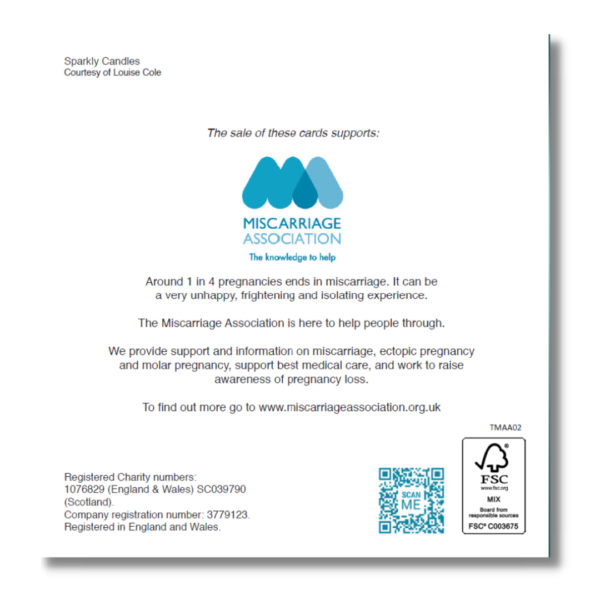 Back of the Sparkly Candles card showing details about the Miscarriage Association and its work