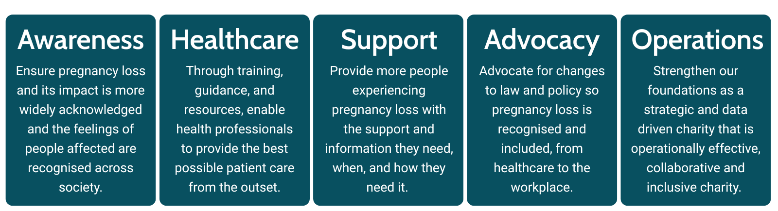 Our aims: Awareness, Healthcare, Support, Advocacy, Operations