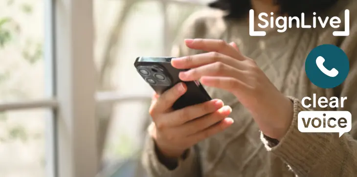 Person using a phone to access Miscarriage Association support services, including new national helpline, SignLive for BSL users, and Clear Voice language interpretation