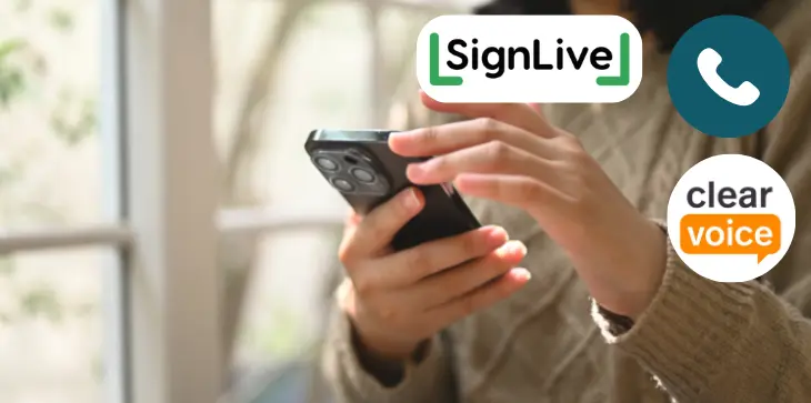 Person using a phone to access Miscarriage Association support services, including new national helpline, SignLive for BSL users, and Clear Voice language interpretation.
