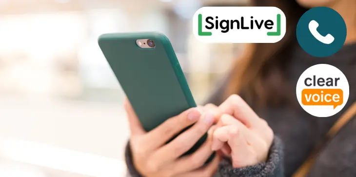 Person using a phone to access Miscarriage Association support services, including new national helpline, SignLive for BSL users, and Clear Voice language interpretation.