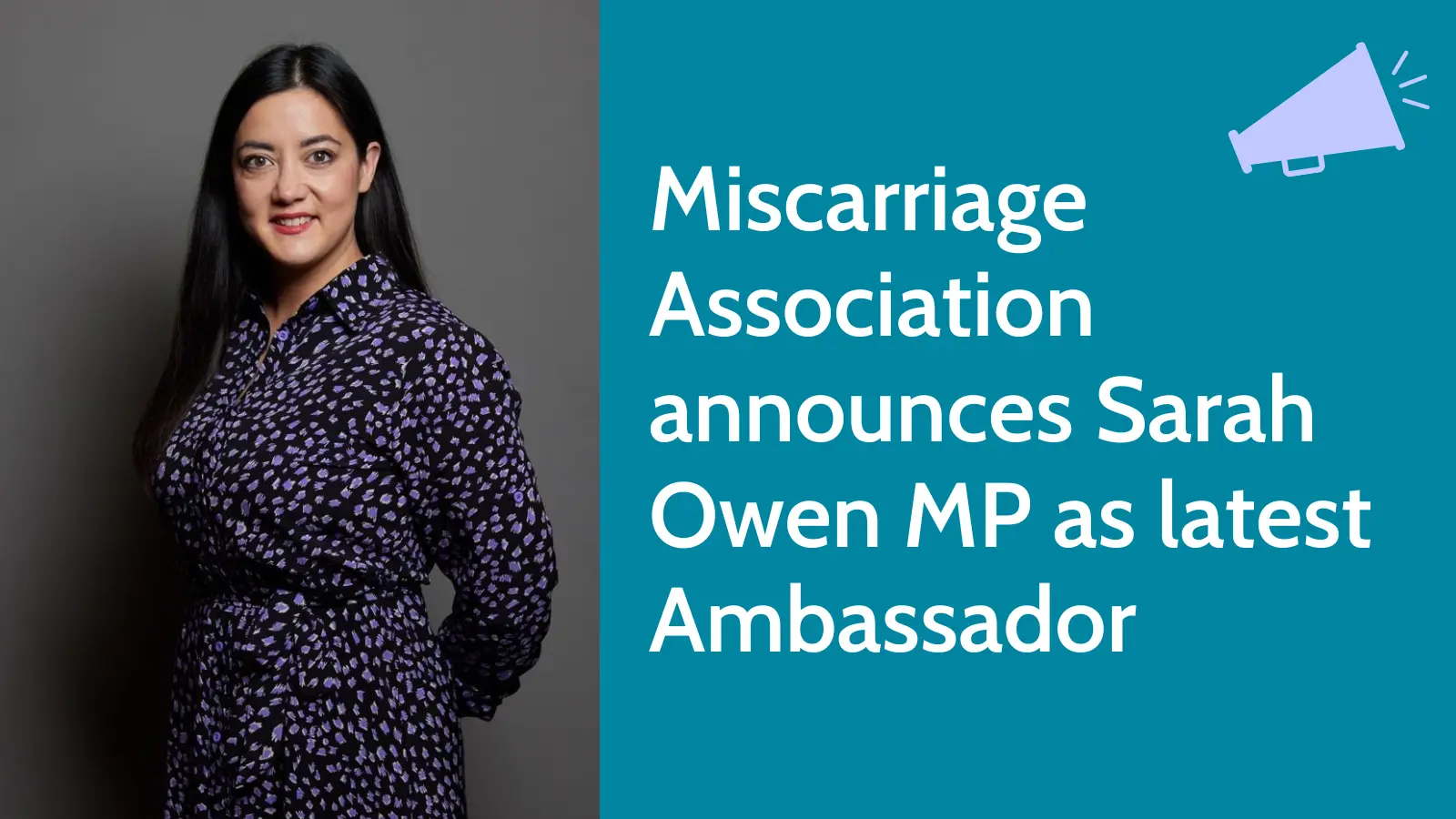 News post header introducing Sarah Owen as the Miscarriage Association's latest ambassador