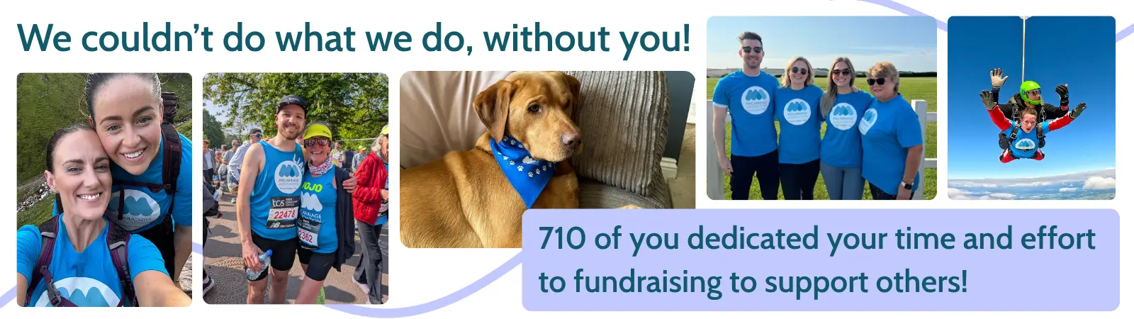 Image collage showing Miscarriage Association fundraisers, including people running, walking and skydiving, and dogs wearing charity bandanas. Text reads: ‘We couldn’t do what we do without you. 710 of you dedicated your time and effort to fundraising to support others!