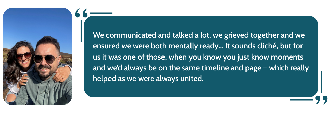Natasha and Chris smiling together while sharing their experience of communicating and supporting each other after pregnancy loss