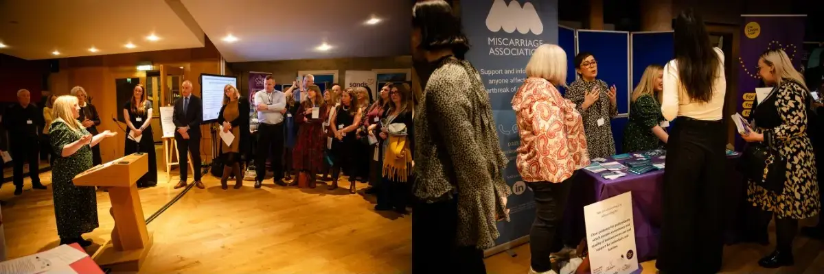 Photos from the Scottish Baby Loss Collaborative reception at the Scottish Parliament showing Vicki Robinson speaking and Lucy Graham speaking with attendees at the Miscarriage Association stand.